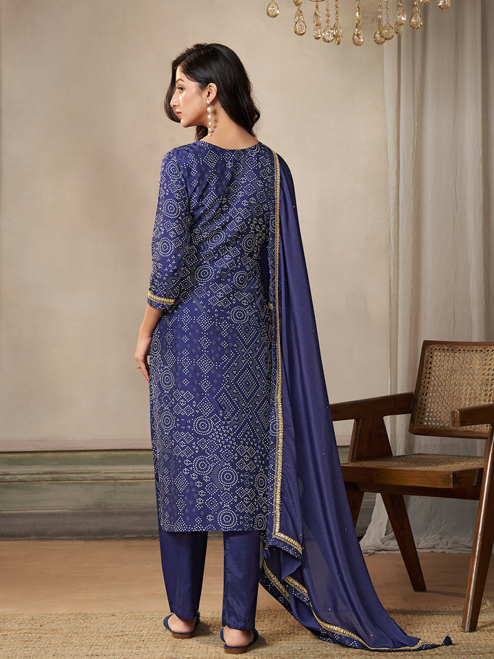 Royal Blue Kurta Set in Dola Bandhni Printed with Embroidery