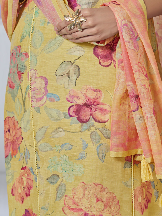 Yellow Printed With Lace Work Straight Kurta With Dyed Trousers And Printed Dupatta