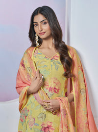 Yellow Printed With Lace Work Straight Kurta With Dyed Trousers And Printed Dupatta