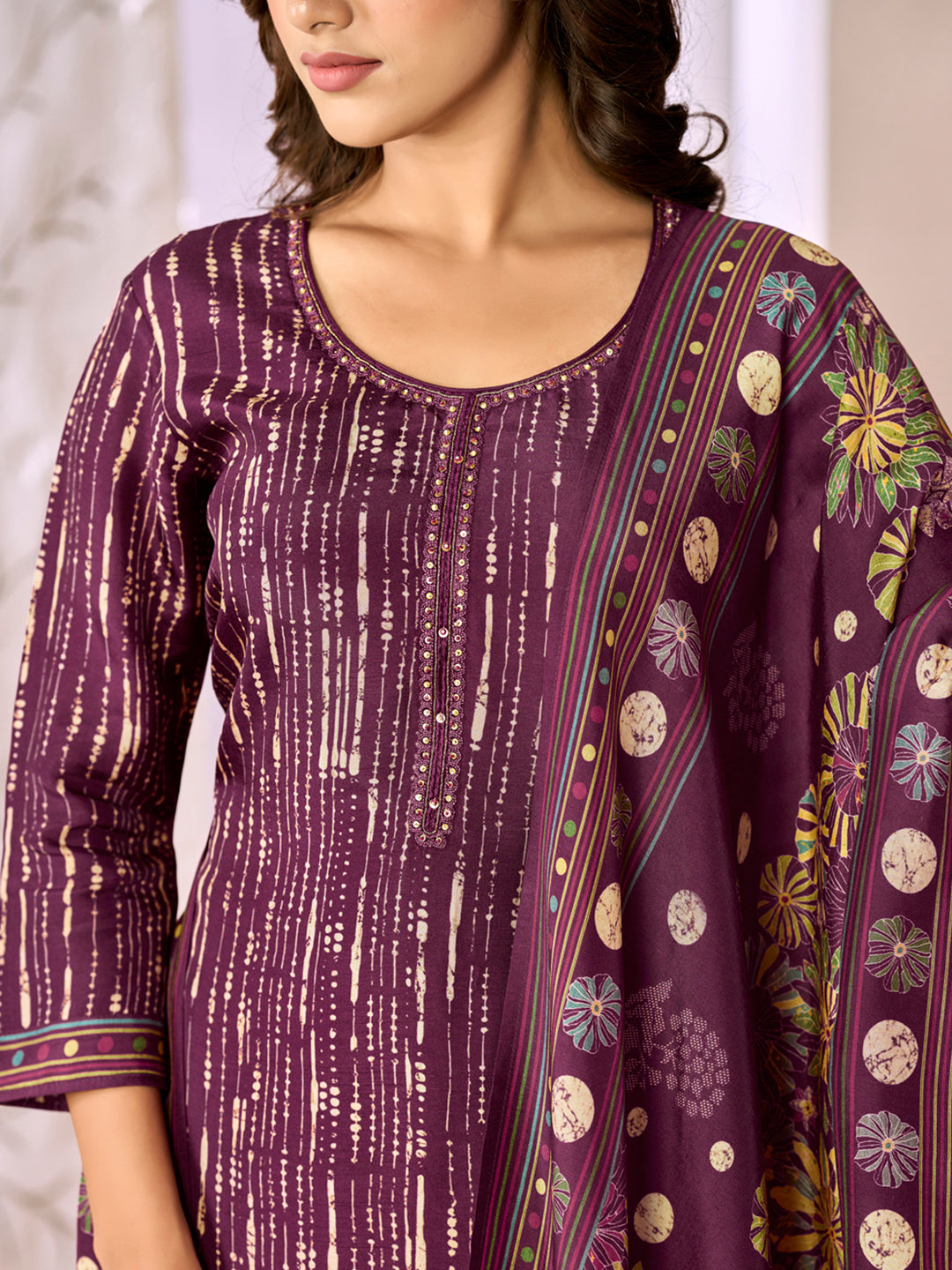 Purple Printed With Handwork Straight Kurta With Dyed Trousers And Printed Dupatta