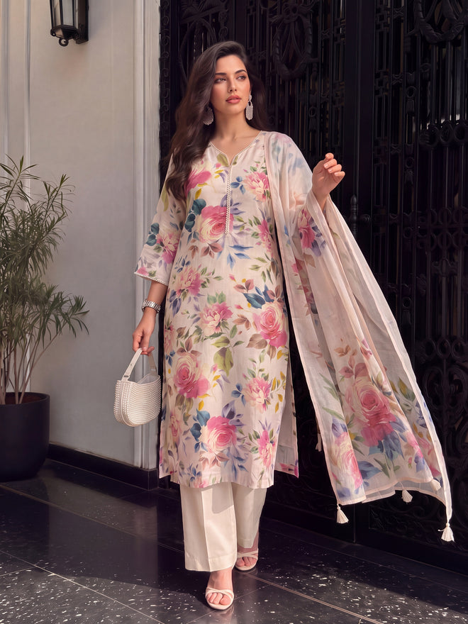 Women's Light Peach Linen Embellished Kurta with Trouser and Dupatta