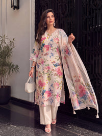 Women's Light Peach Linen Embellished Kurta with Trouser and Dupatta