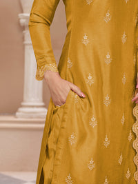 Yellow Cutwork Neckline Dola Silk Kurta Suit Set with Lehariya Print Dupatta
