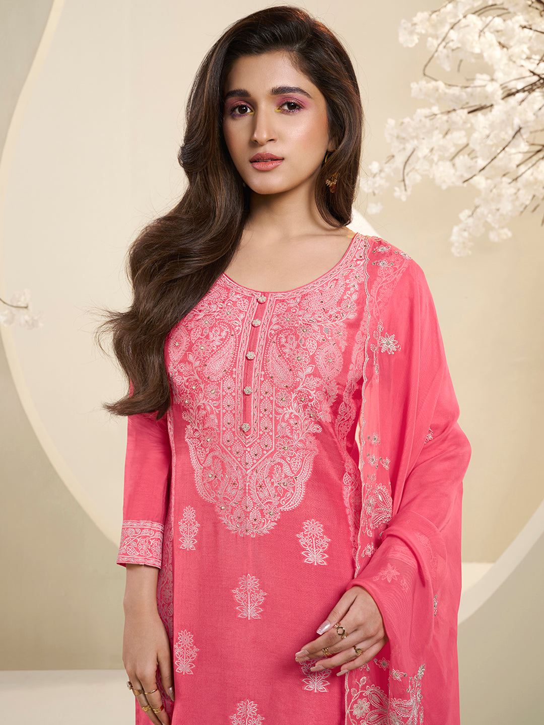 Pink Muslin Jacquard Kurta Suit Set with HandCrafted Buttons Product vendor
