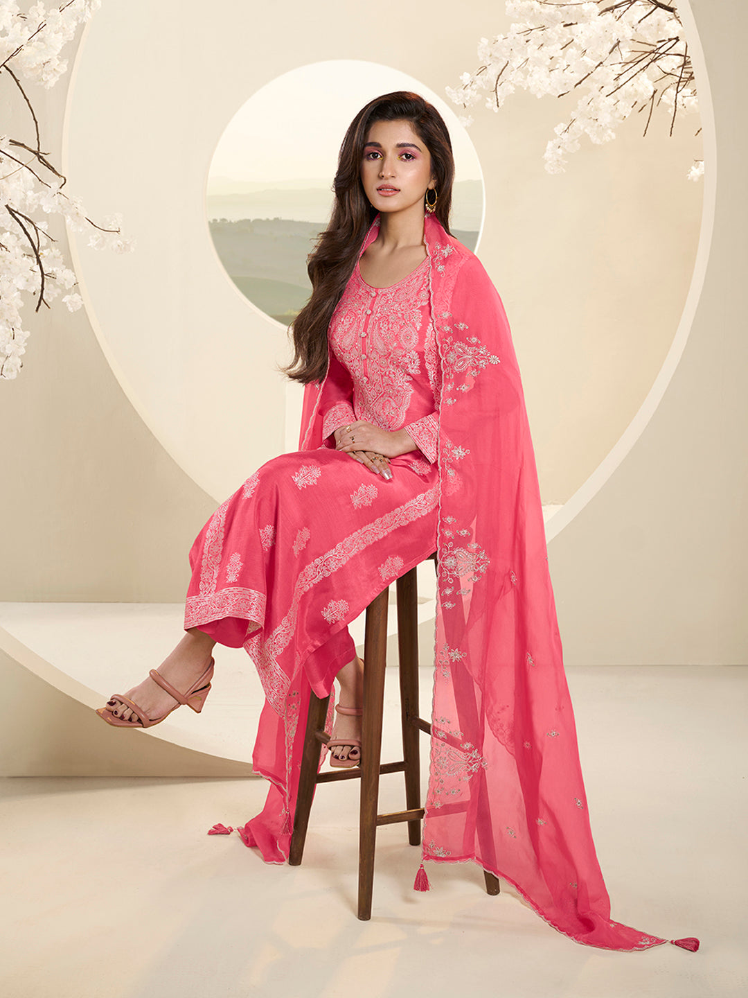 Pink Muslin Jacquard Kurta Suit Set with HandCrafted Buttons Product vendor