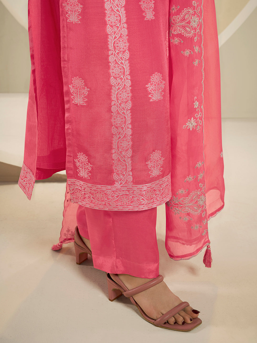 Pink Muslin Jacquard Kurta Suit Set with HandCrafted Buttons Product vendor