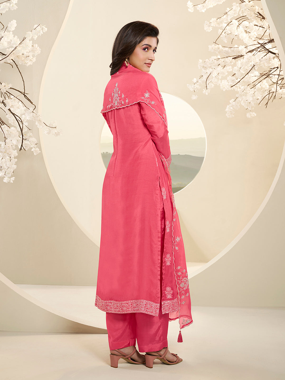 Pink Muslin Jacquard Kurta Suit Set with HandCrafted Buttons Product vendor