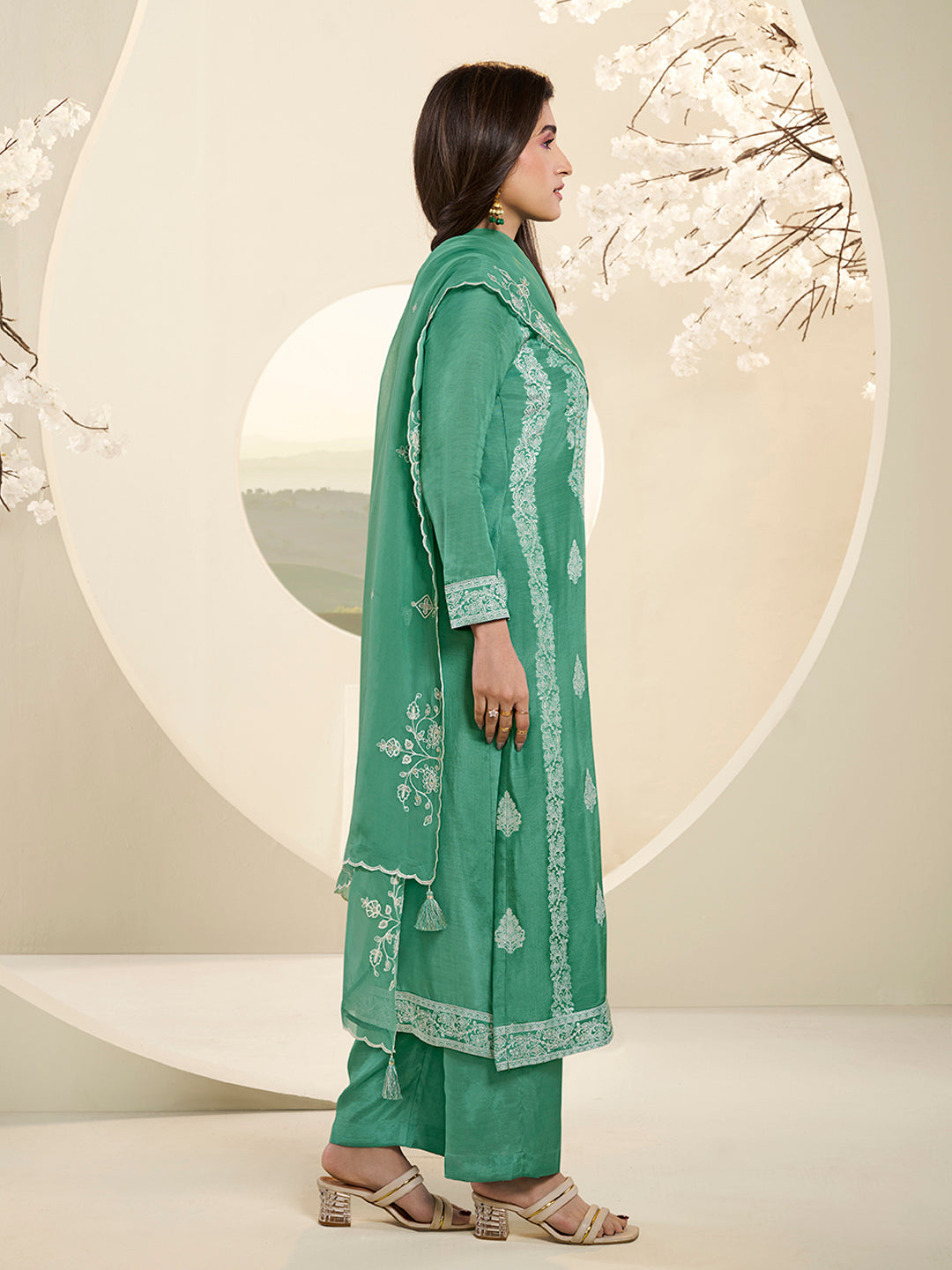 Green Muslin Jacquard Kurta Suit Set with HandCrafted Buttons Product vendor