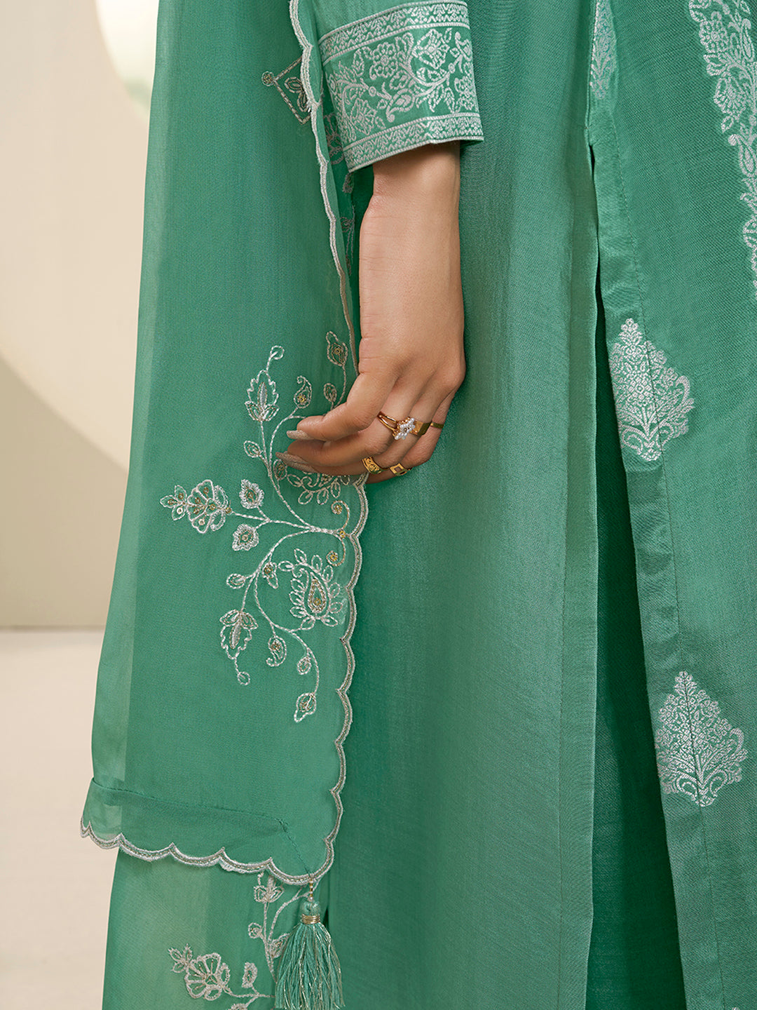 Green Muslin Jacquard Kurta Suit Set with HandCrafted Buttons Product vendor