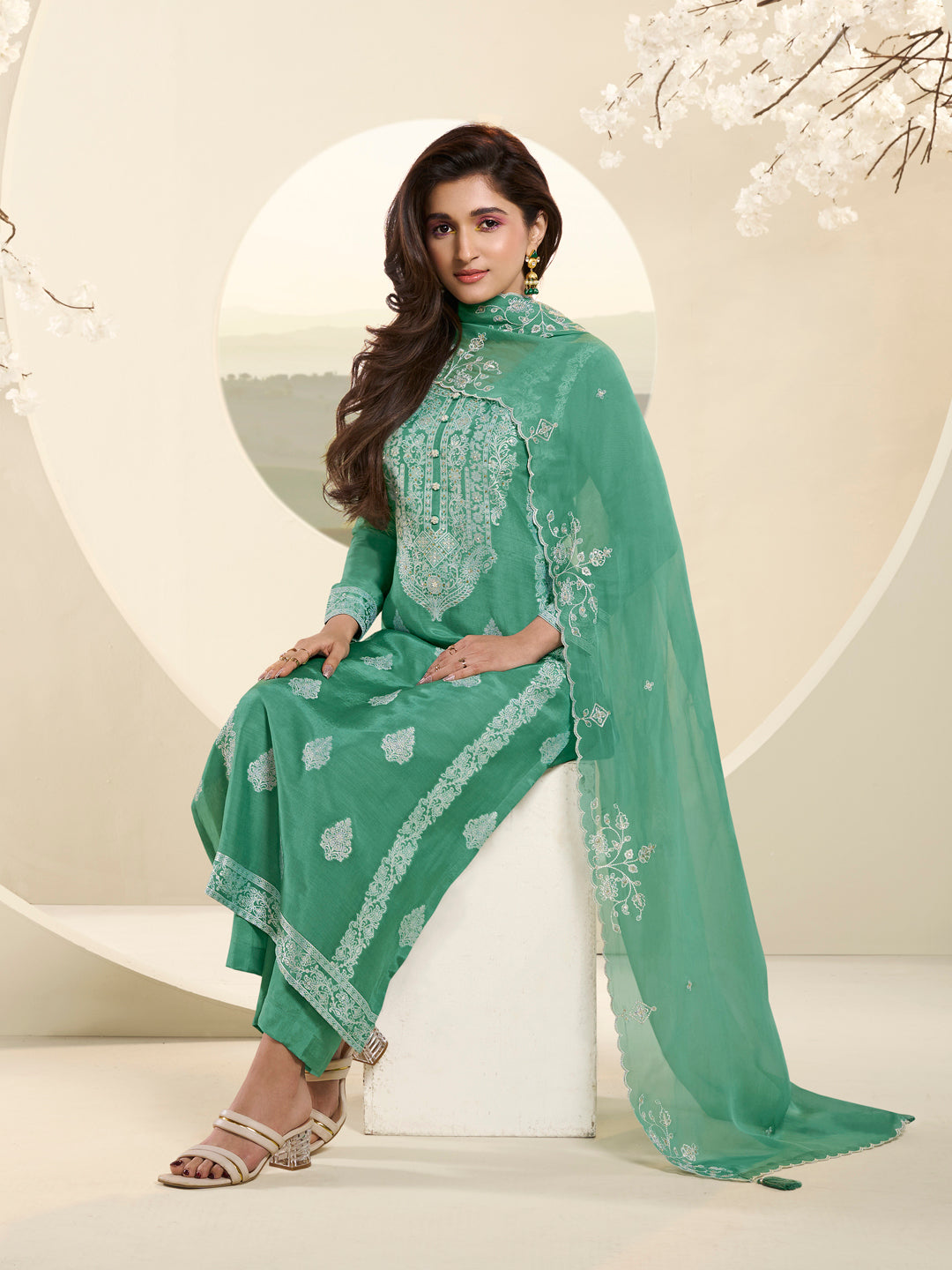 Green Muslin Jacquard Kurta Suit Set with HandCrafted Buttons Product vendor