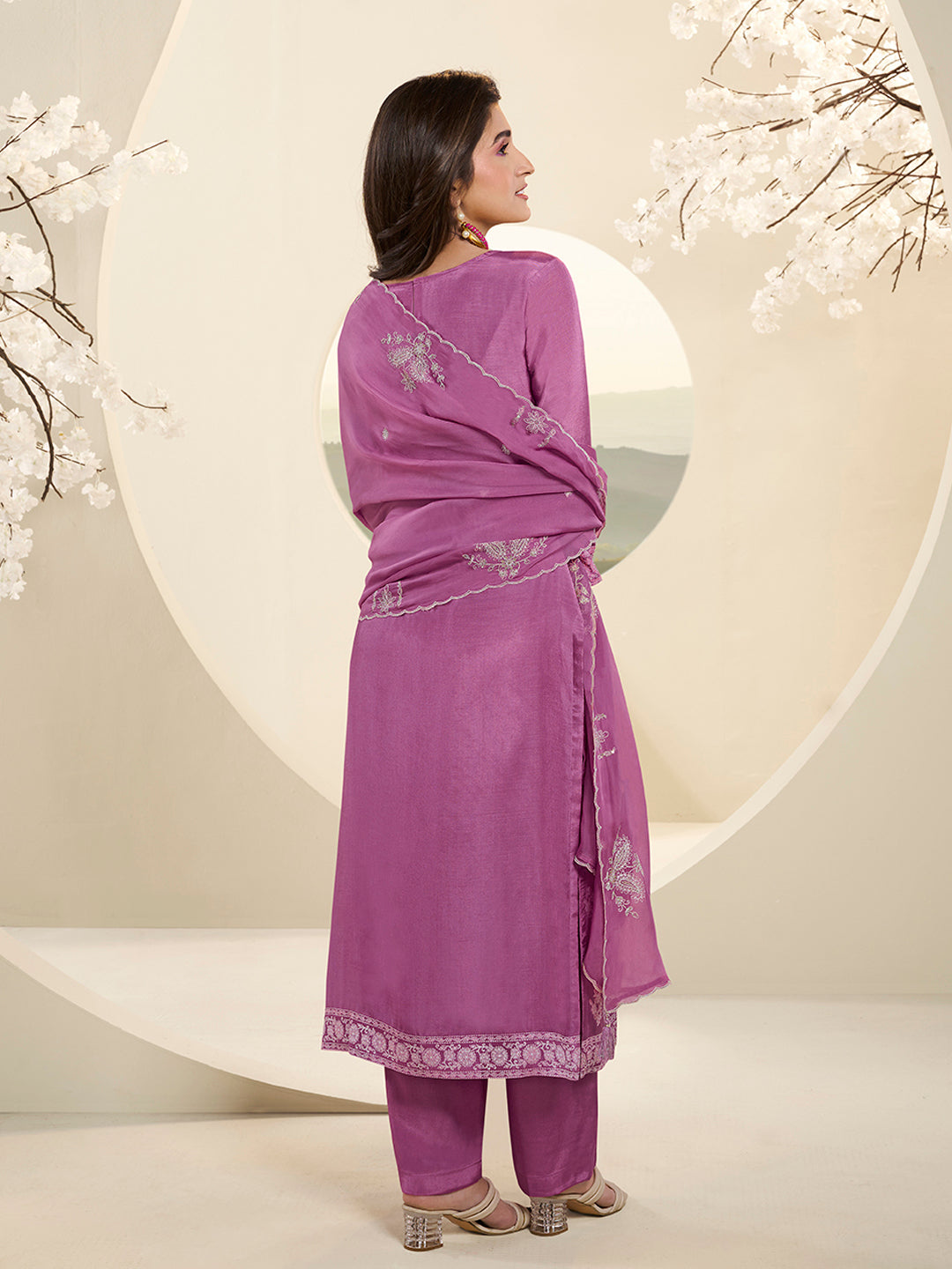 Light Plum Muslin Jacquard Kurta Suit Set with HandCrafted Buttons Product vendor