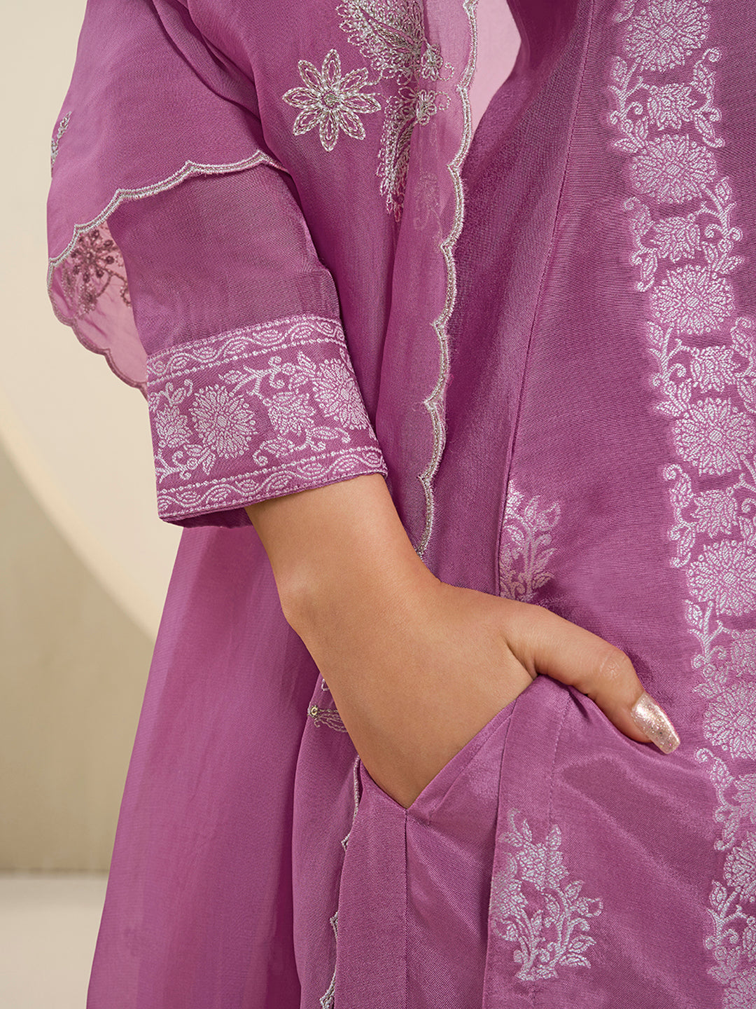 Light Plum Muslin Jacquard Kurta Suit Set with HandCrafted Buttons Product vendor