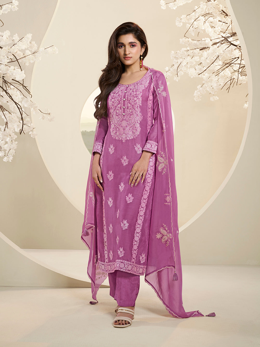 Light Plum Muslin Jacquard Kurta Suit Set with HandCrafted Buttons Product vendor