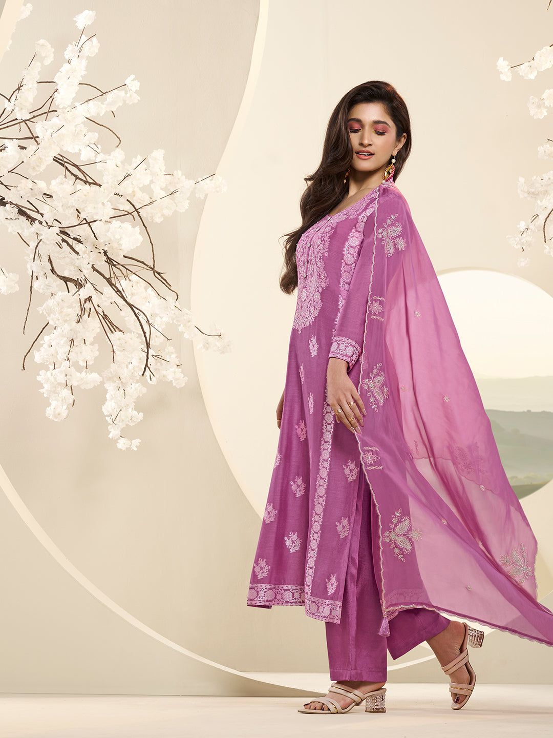 Light Plum Muslin Jacquard Kurta Suit Set with HandCrafted Buttons Product vendor