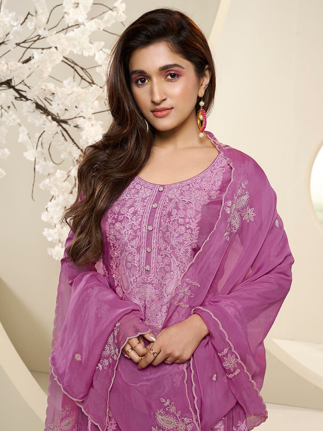 Light Plum Muslin Jacquard Kurta Suit Set with HandCrafted Buttons Product vendor