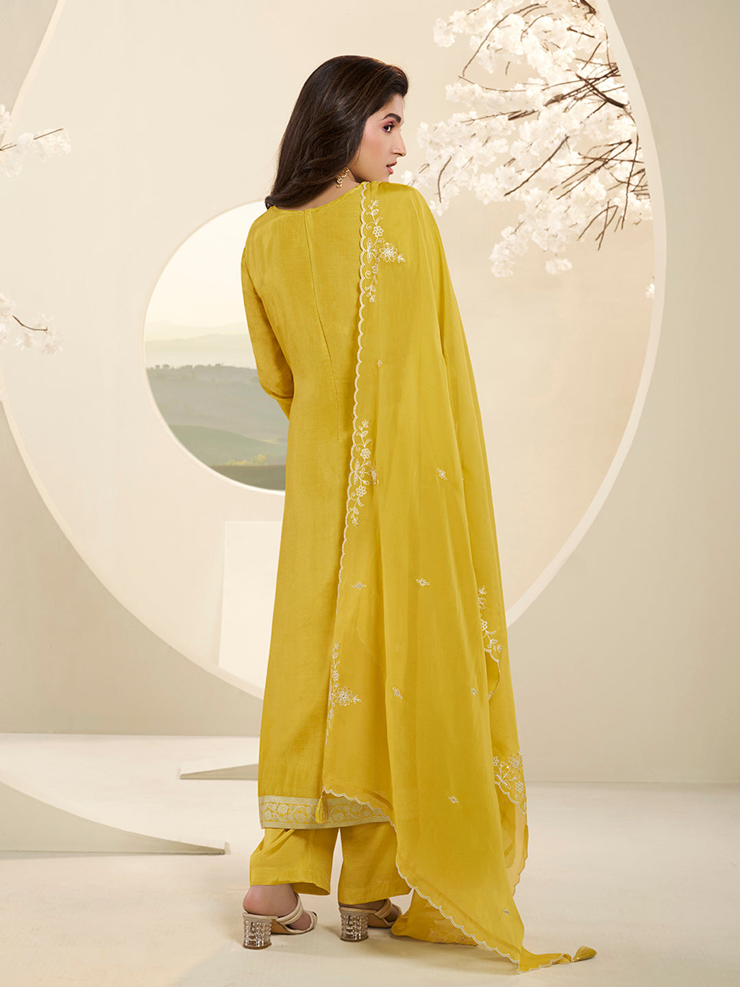 Yellow Muslin Jacquard Kurta Suit Set with HandCrafted Buttons Product vendor