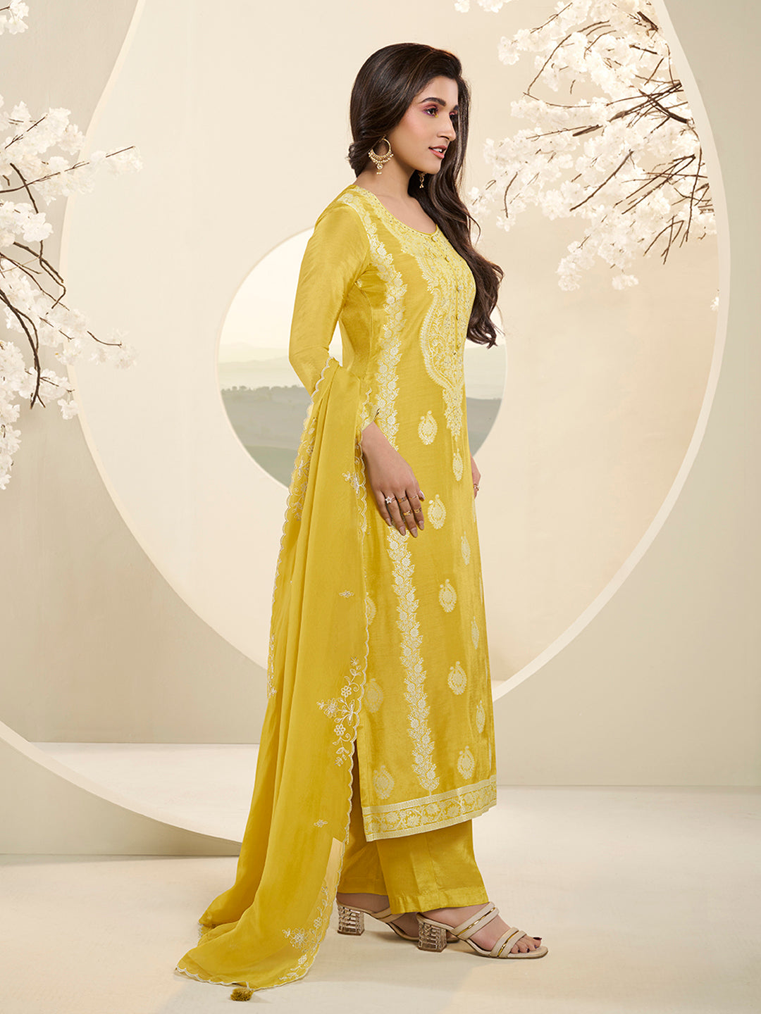 Yellow Muslin Jacquard Kurta Suit Set with HandCrafted Buttons Product vendor