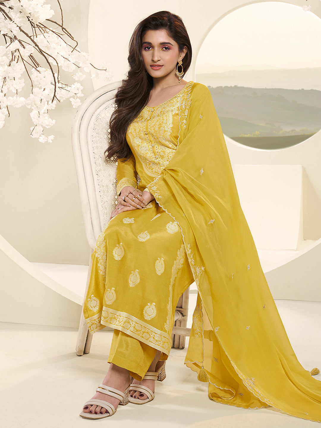 Yellow Muslin Jacquard Kurta Suit Set with HandCrafted Buttons Product vendor