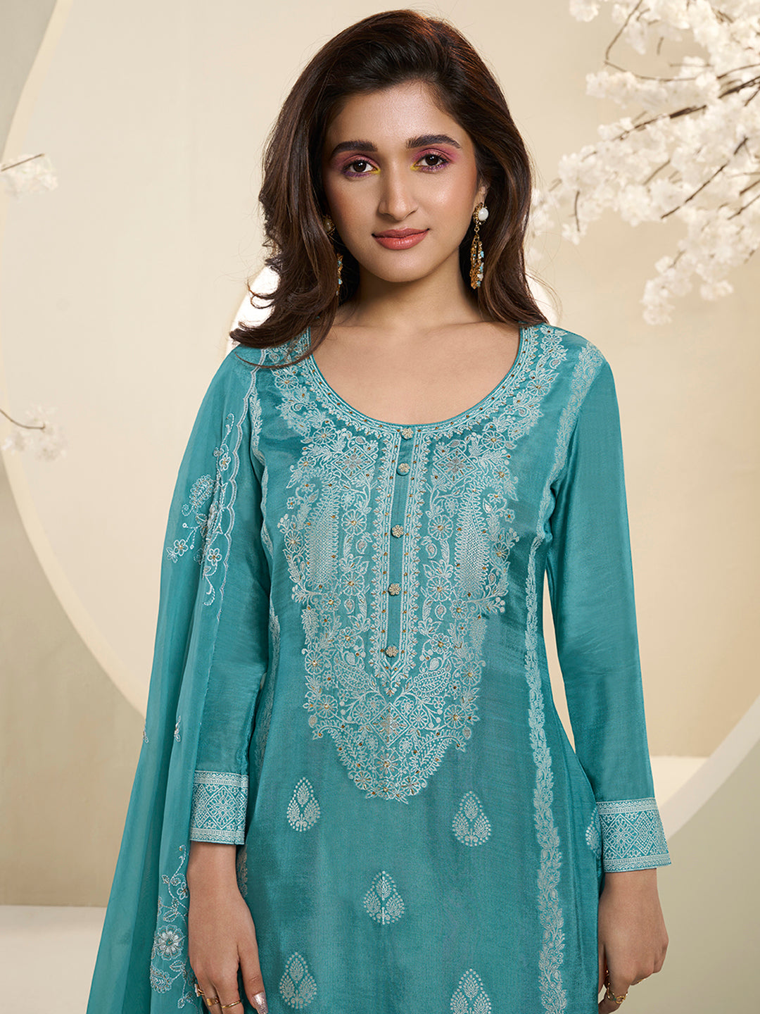 See Green Muslin Jacquard Kurta Suit Set with HandCrafted Buttons Product vendor