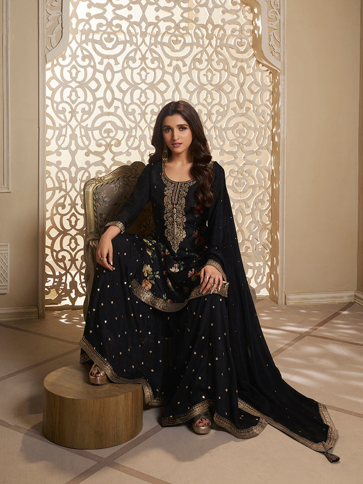 Black Dola Jacquard Digital Floral Printed Sharara Suit Set Product vendor