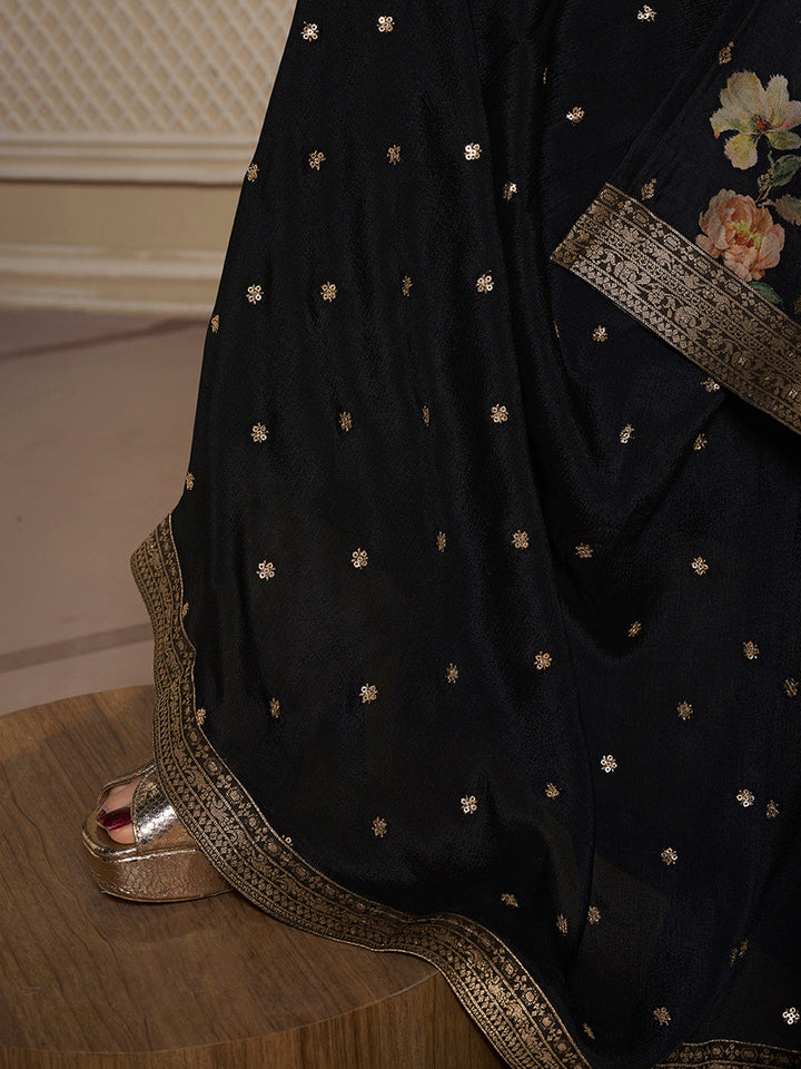 Black Dola Jacquard Digital Floral Printed Sharara Suit Set Product vendor