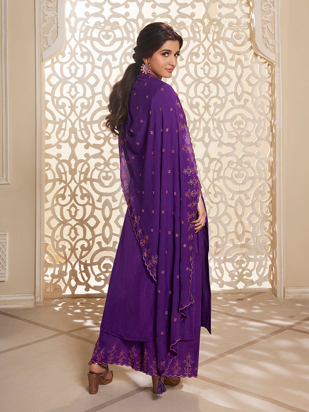 Purple Dola Silk Palazzo Suit Set with Zari and Self Weave Jacquard Top Product vendor