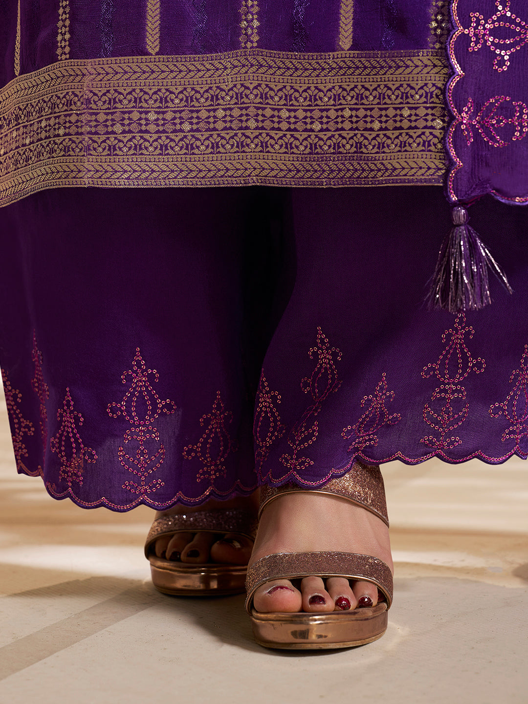 Purple Dola Silk Palazzo Suit Set with Zari and Self Weave Jacquard Top Product vendor