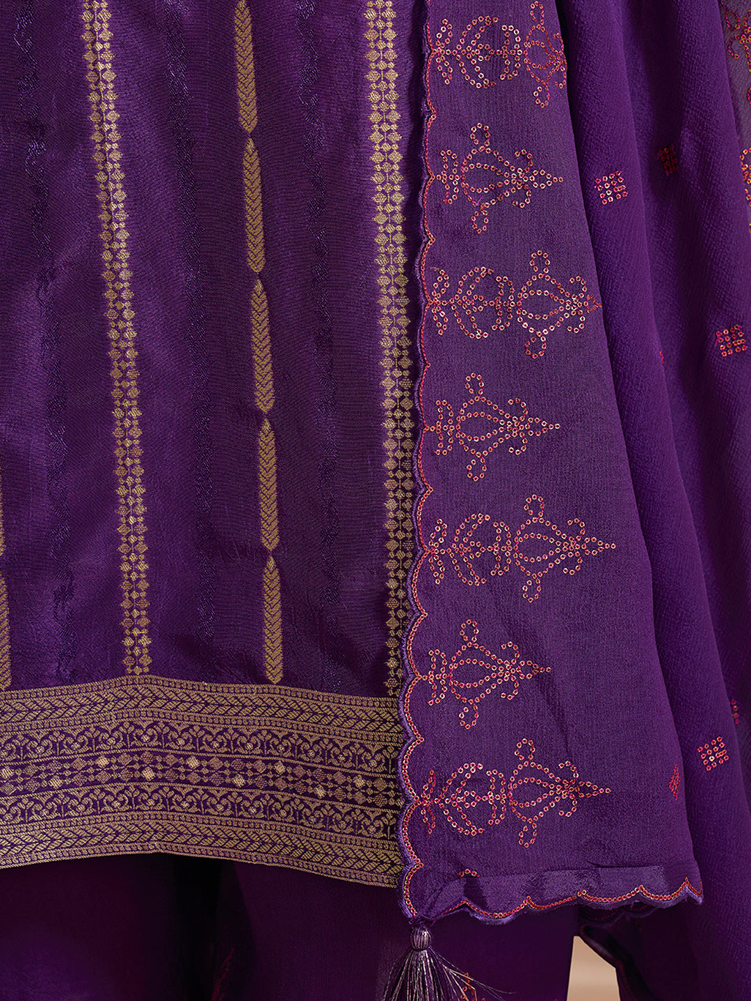 Purple Dola Silk Palazzo Suit Set with Zari and Self Weave Jacquard Top Product vendor