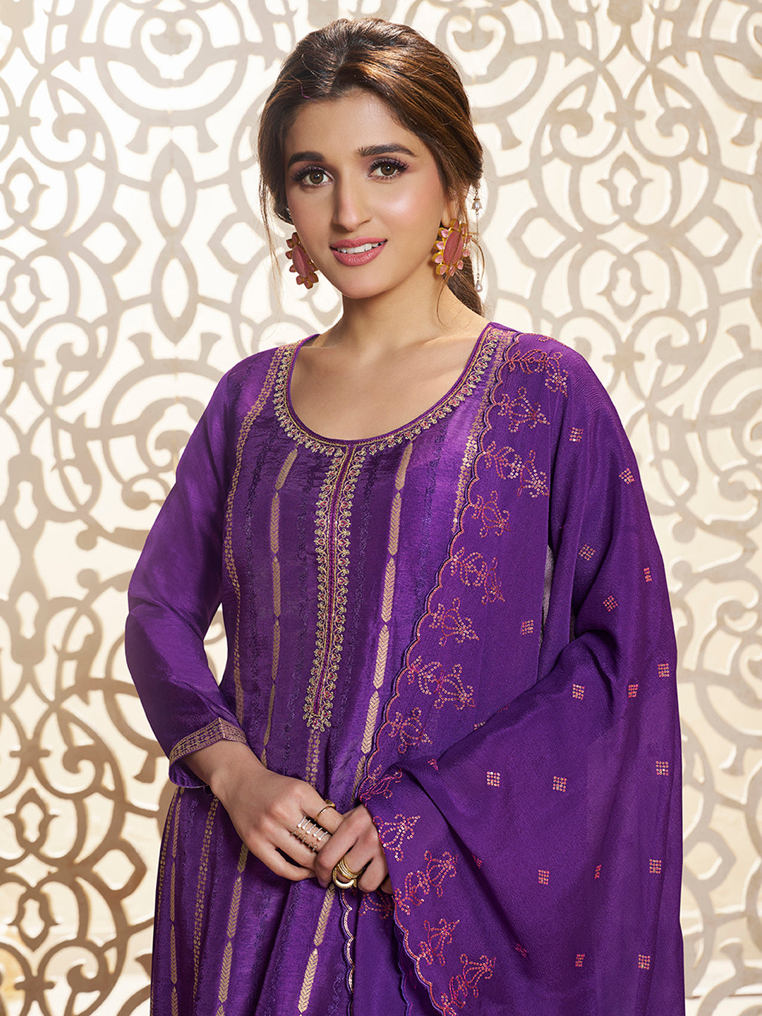 Purple Dola Silk Palazzo Suit Set with Zari and Self Weave Jacquard Top Product vendor