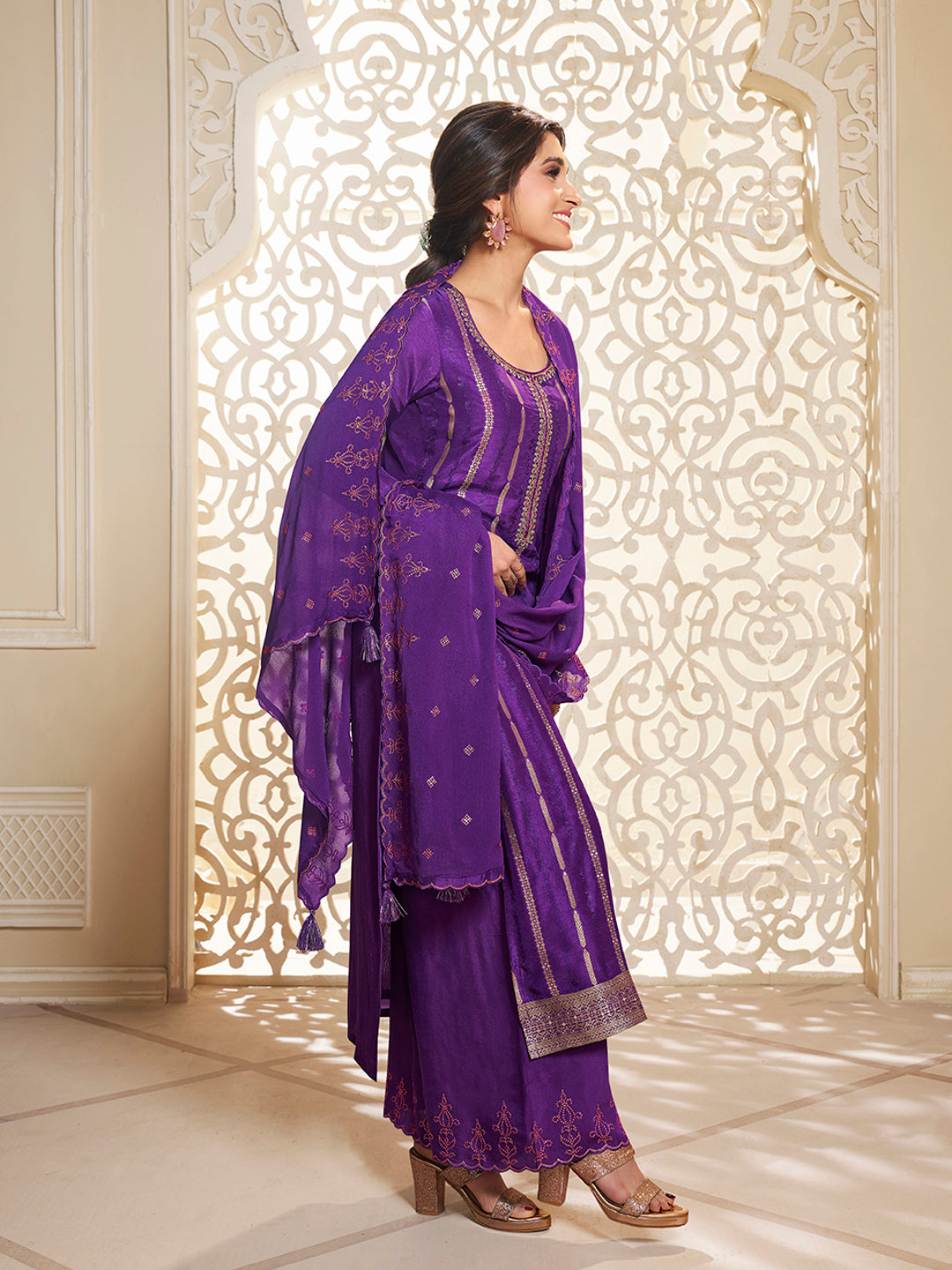 Purple Dola Silk Palazzo Suit Set with Zari and Self Weave Jacquard Top Product vendor