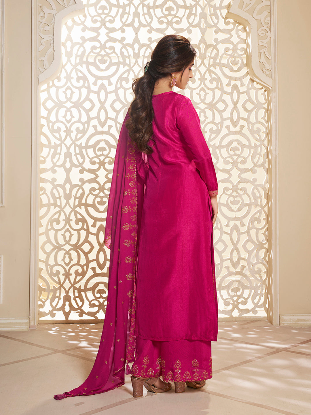 Hot Pink Dola Silk Palazzo Suit Set with Zari and Self Weave Jacquard Top Product vendor