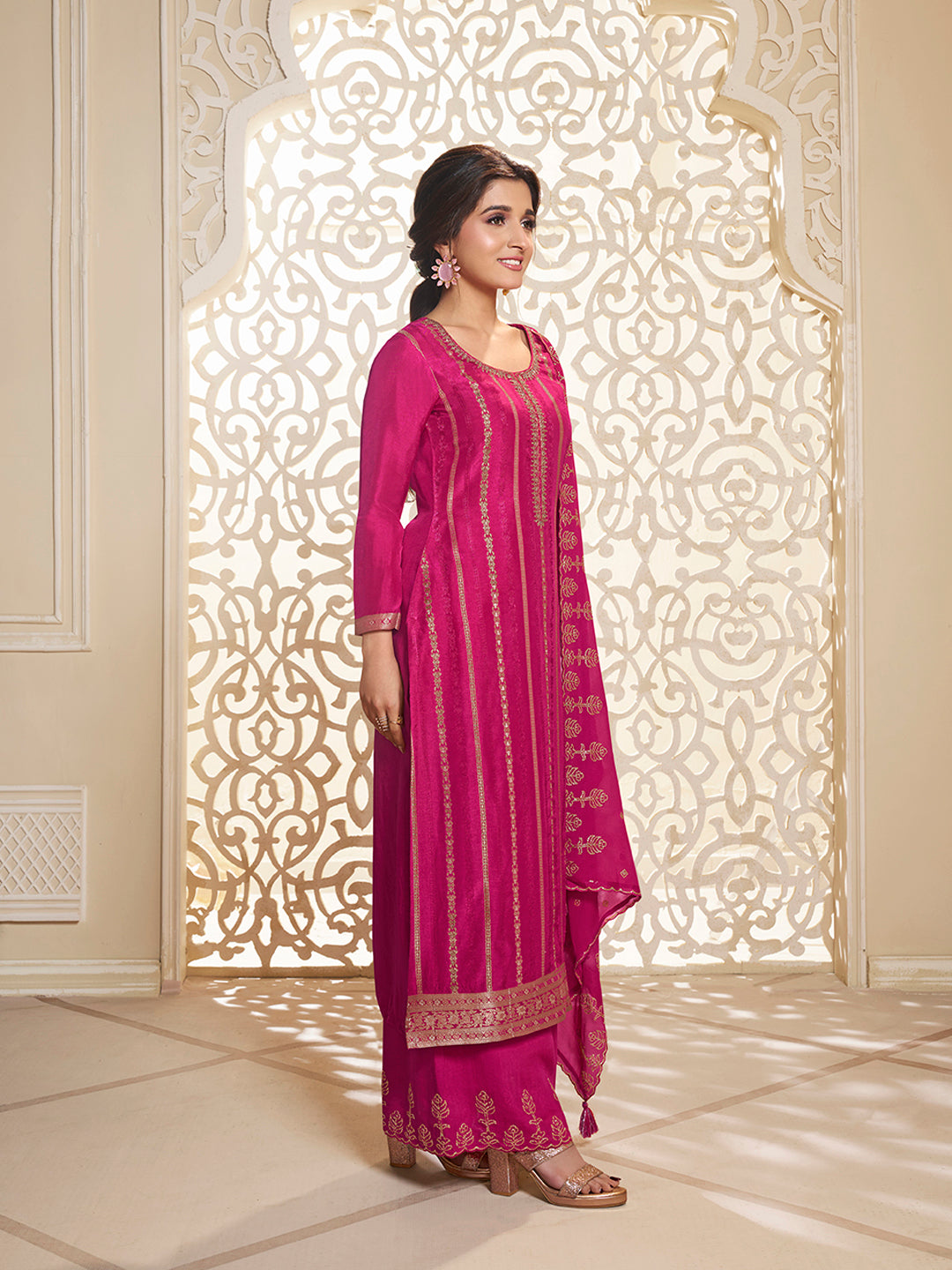 Hot Pink Dola Silk Palazzo Suit Set with Zari and Self Weave Jacquard Top Product vendor