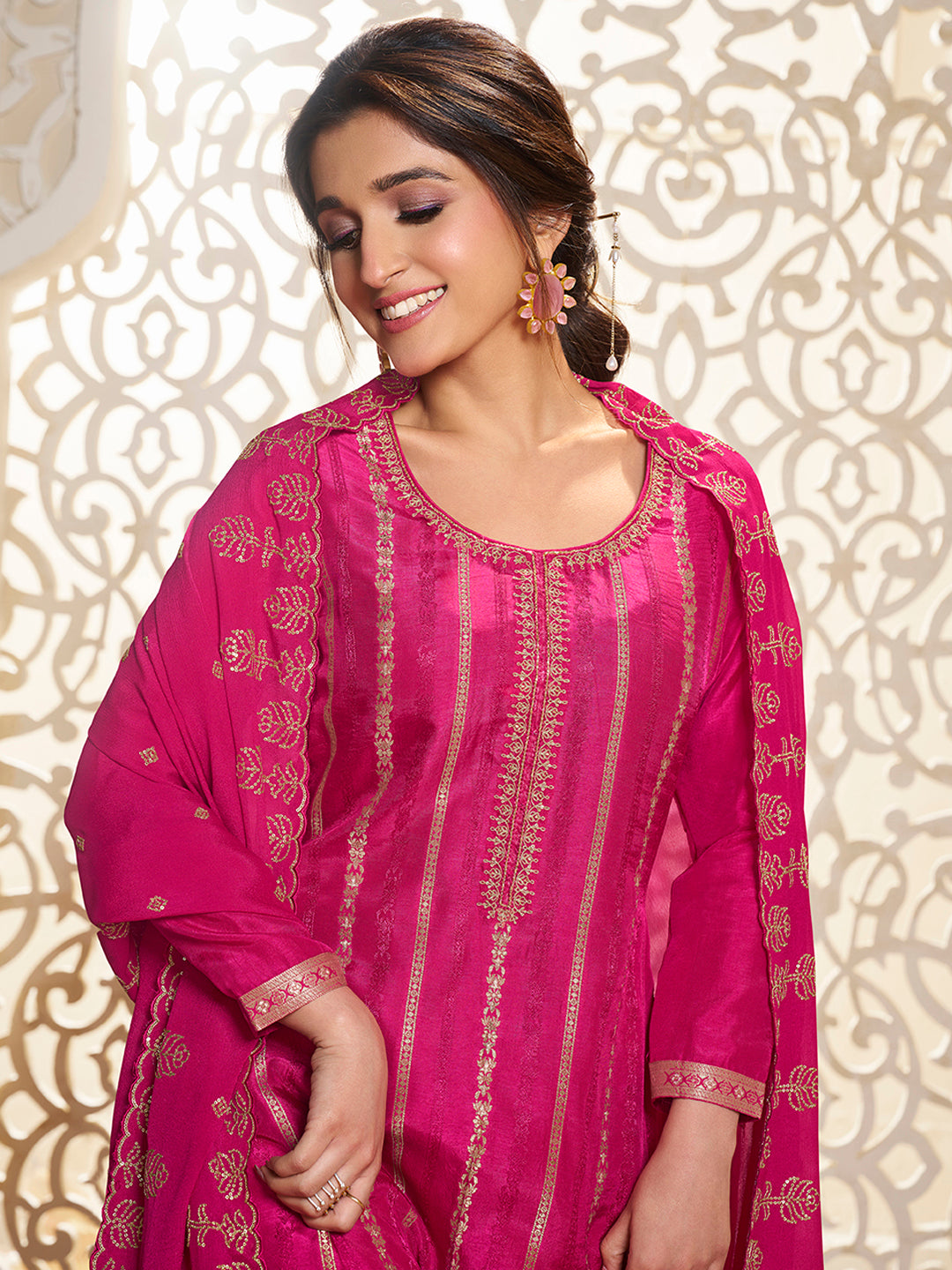 Hot Pink Dola Silk Palazzo Suit Set with Zari and Self Weave Jacquard Top Product vendor