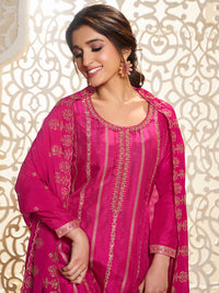 Hot Pink Dola Silk Palazzo Suit Set with Zari and Self Weave Jacquard Top Product vendor