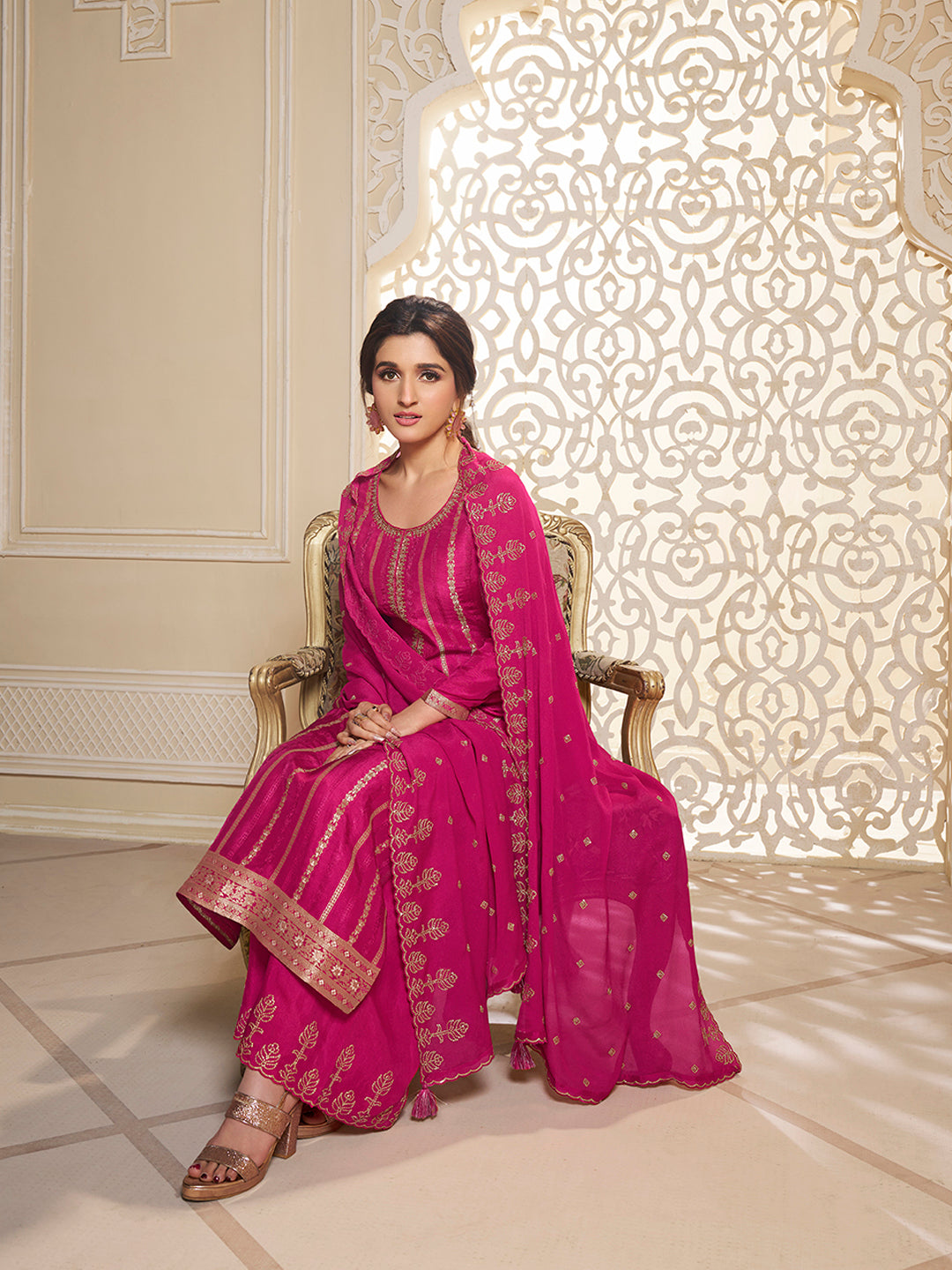 Hot Pink Dola Silk Palazzo Suit Set with Zari and Self Weave Jacquard Top Product vendor