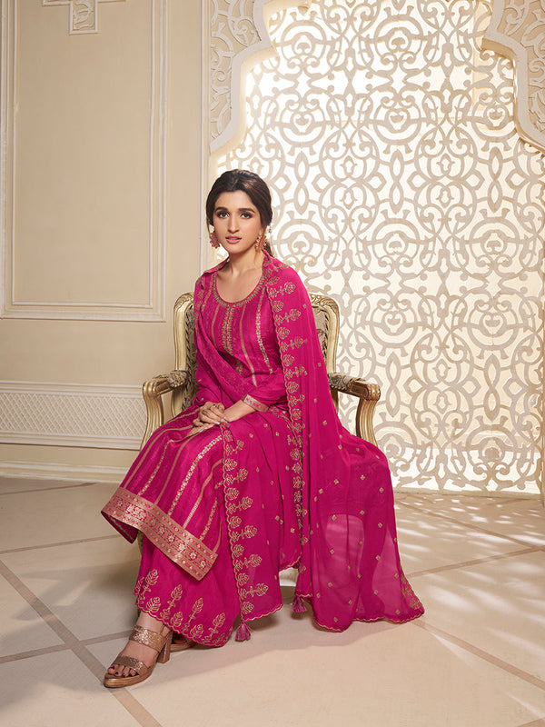 Hot Pink Dola Silk Palazzo Suit Set with Zari and Self Weave Jacquard Top Product vendor