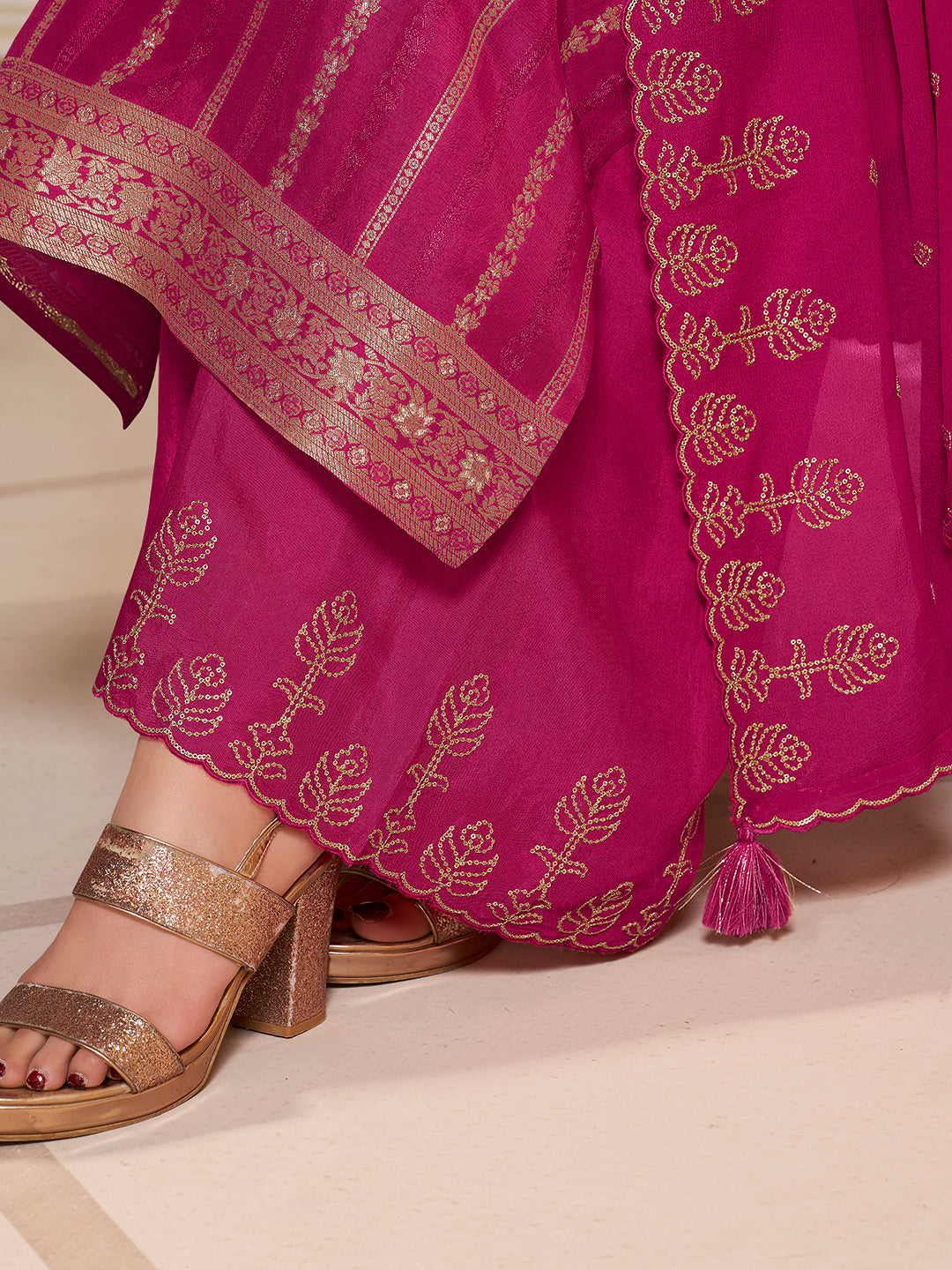 Hot Pink Dola Silk Palazzo Suit Set with Zari and Self Weave Jacquard Top Product vendor