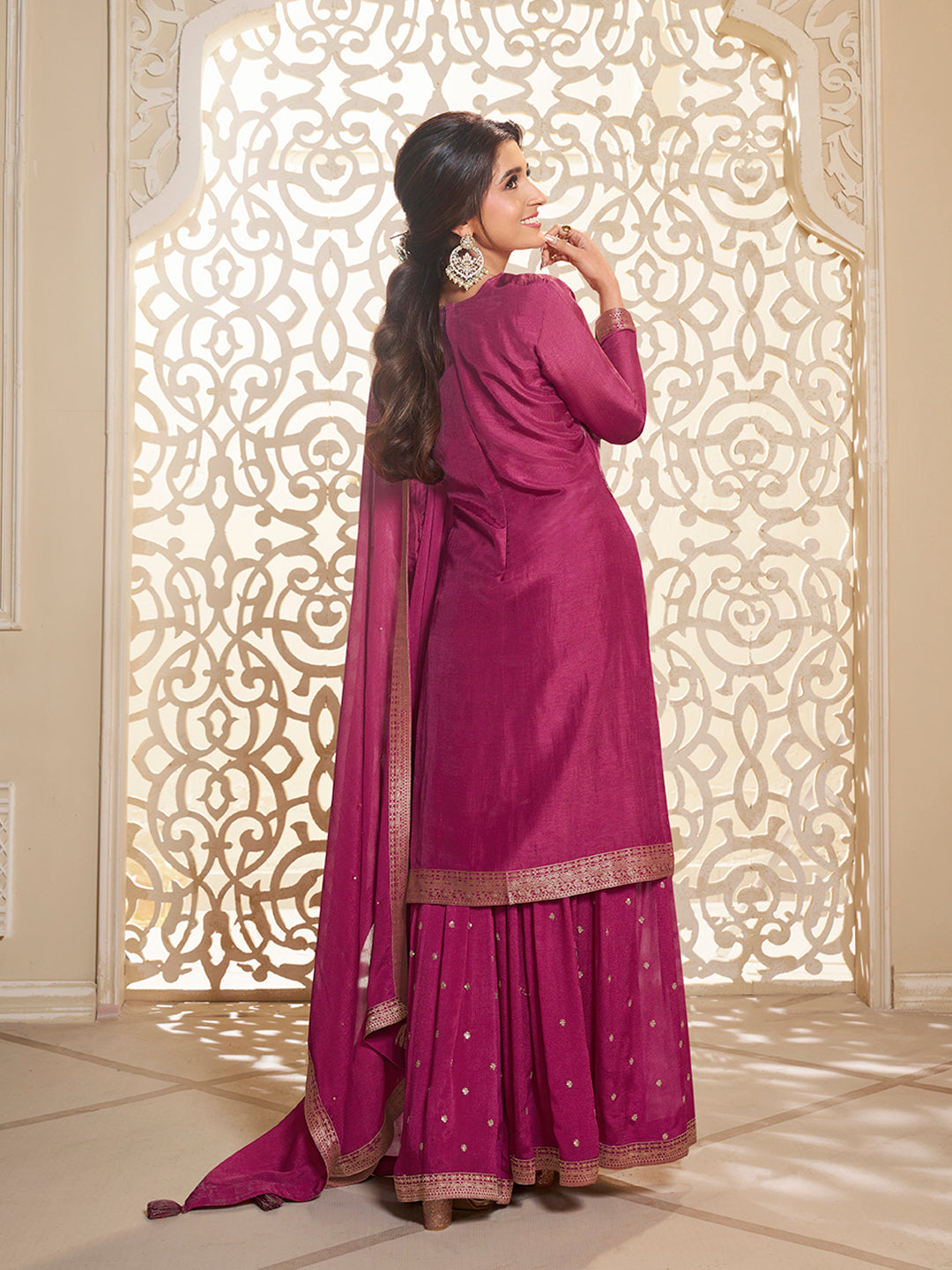 Hot Pink Dola Jacquard Digital Floral Printed Sharara Suit Set Product vendor