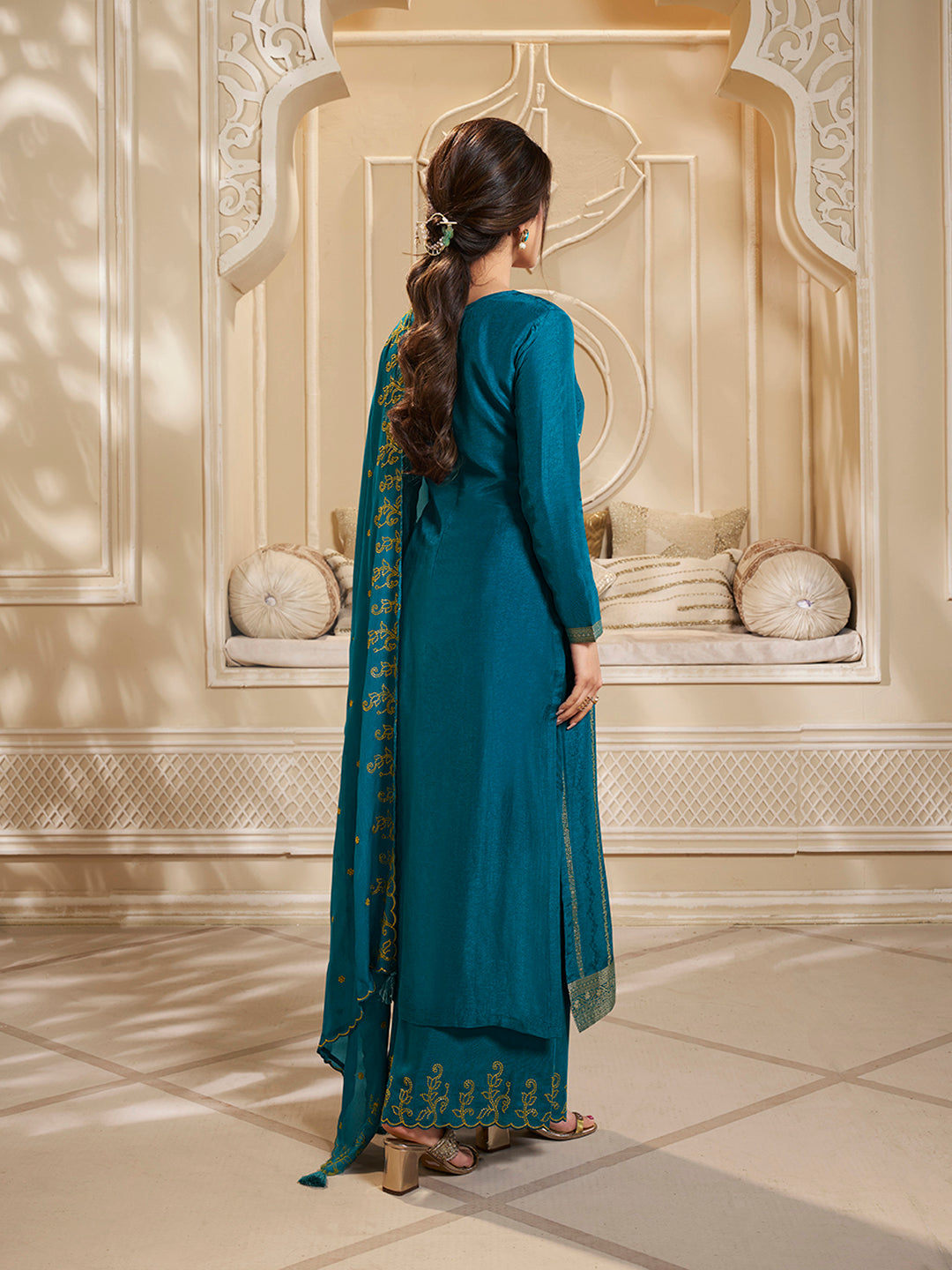 Blue Dola Silk Palazzo Suit Set with Zari and Self Weave Jacquard Top Product vendor