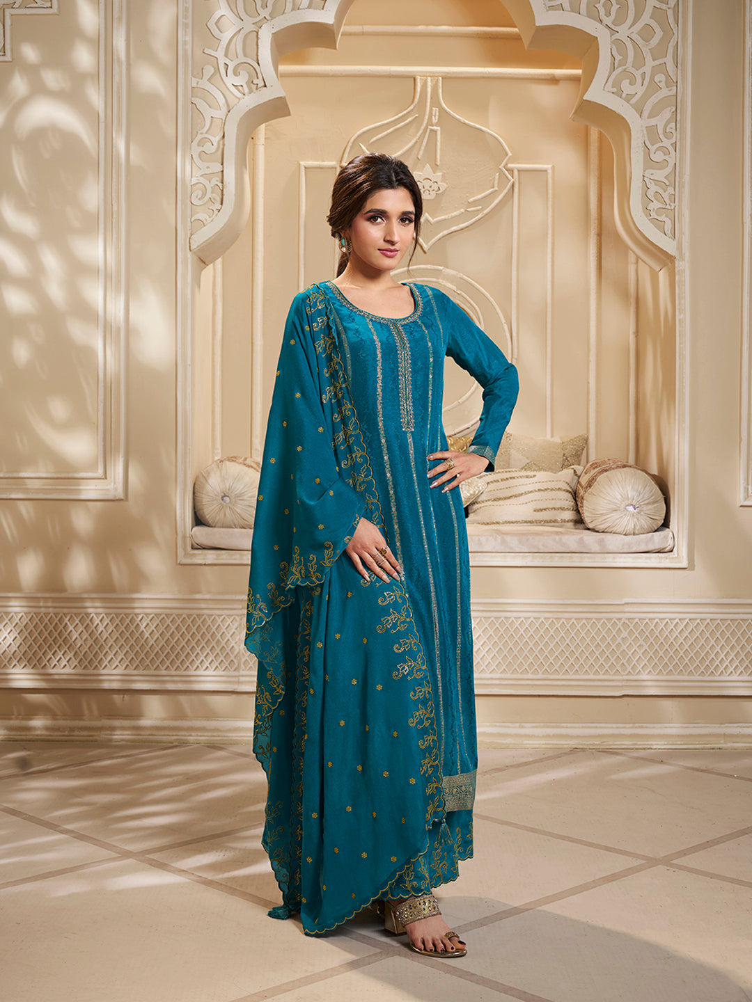 Blue Dola Silk Palazzo Suit Set with Zari and Self Weave Jacquard Top Product vendor