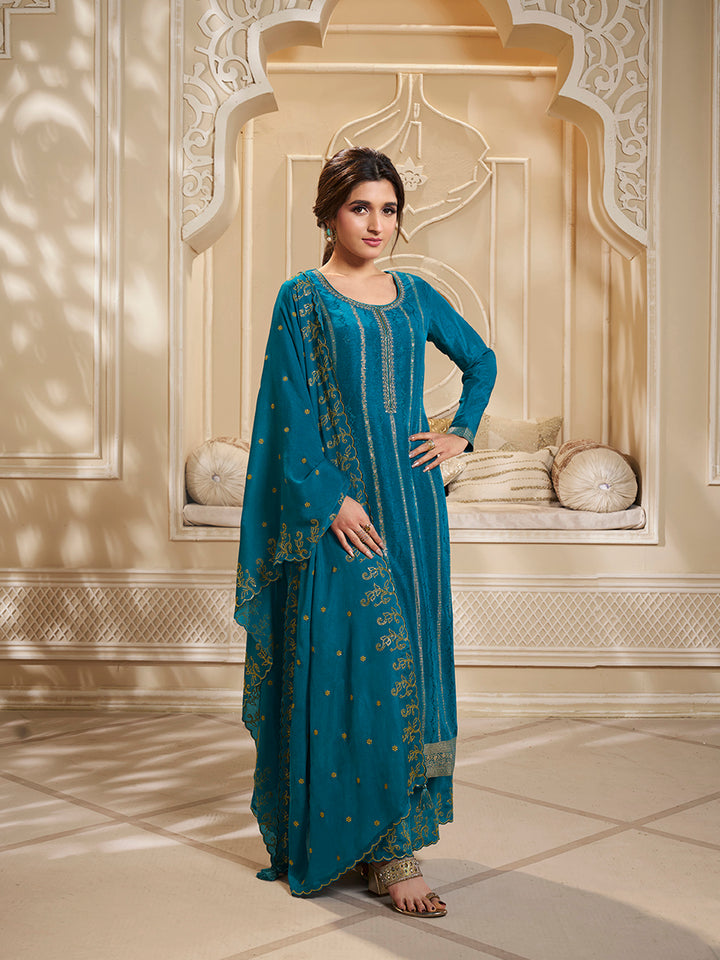 Blue Dola Silk Palazzo Suit Set with Zari and Self Weave Jacquard Top Product vendor
