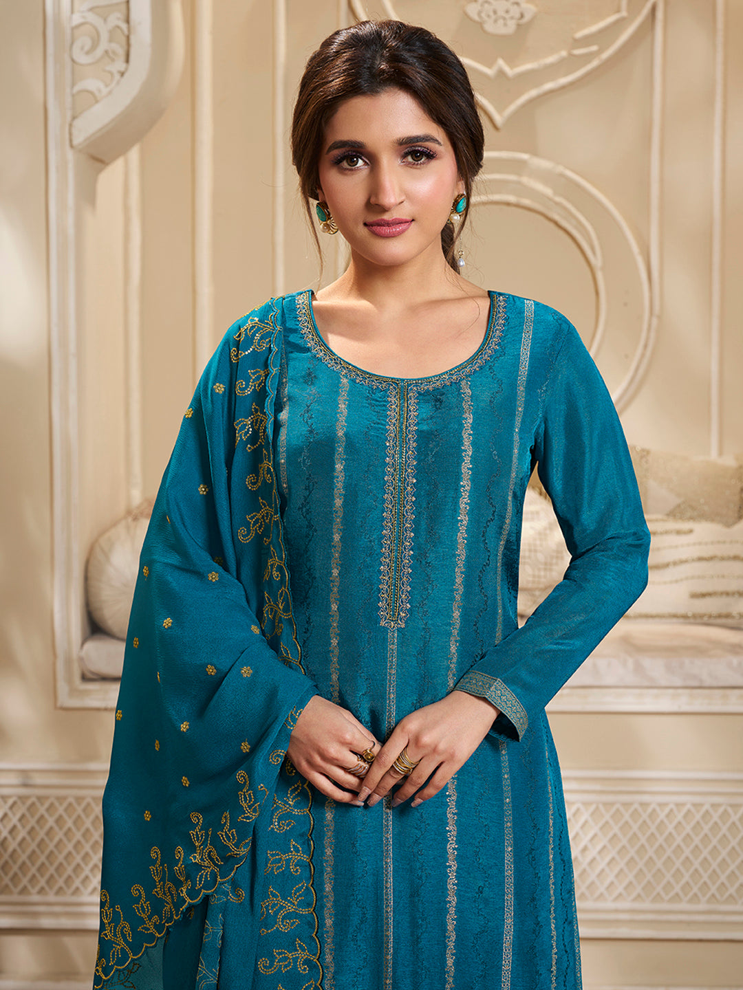 Blue Dola Silk Palazzo Suit Set with Zari and Self Weave Jacquard Top Product vendor