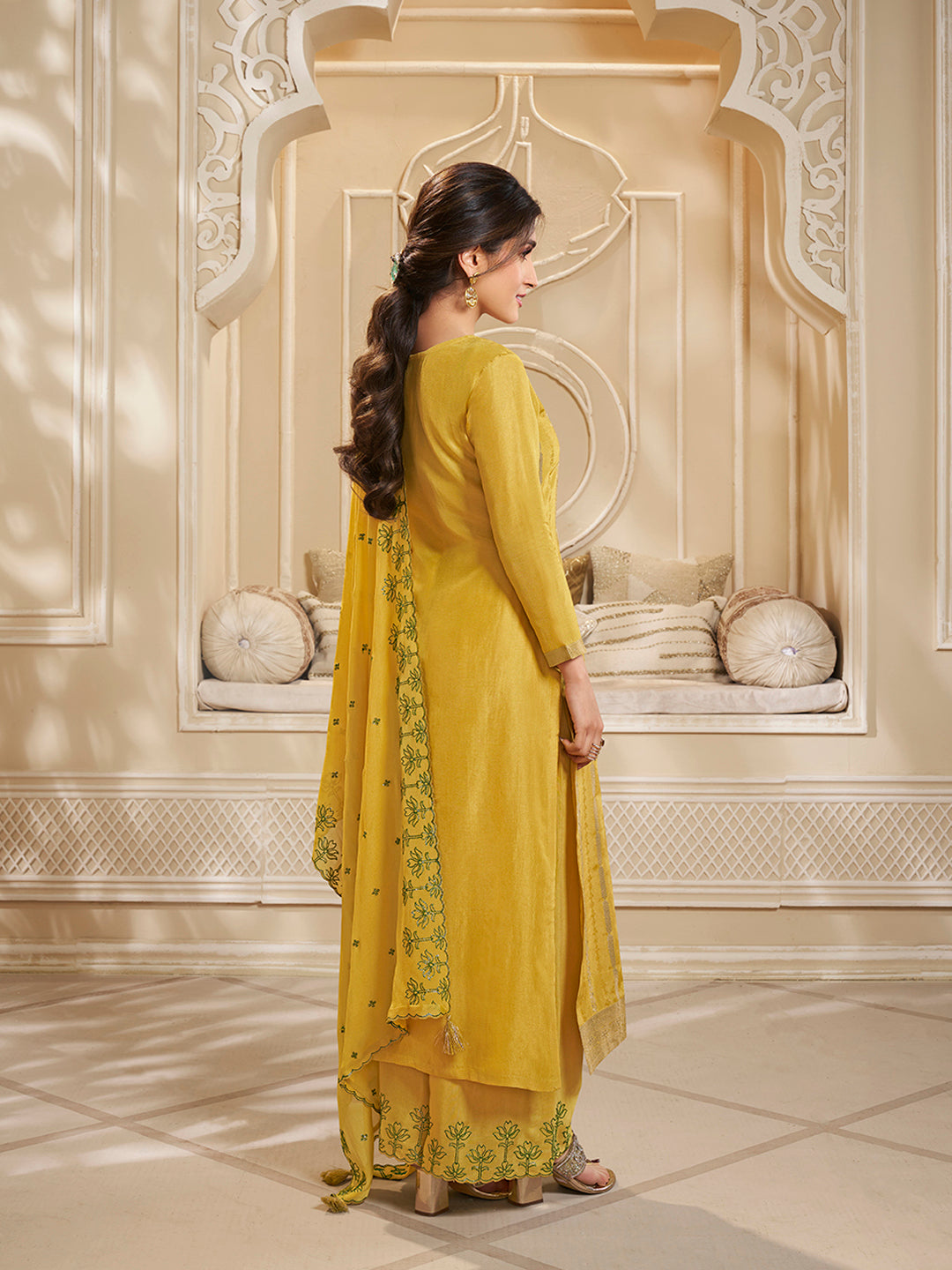 Yellow Dola Silk Palazzo Suit Set with Zari and Self Weave Jacquard Top Product vendor