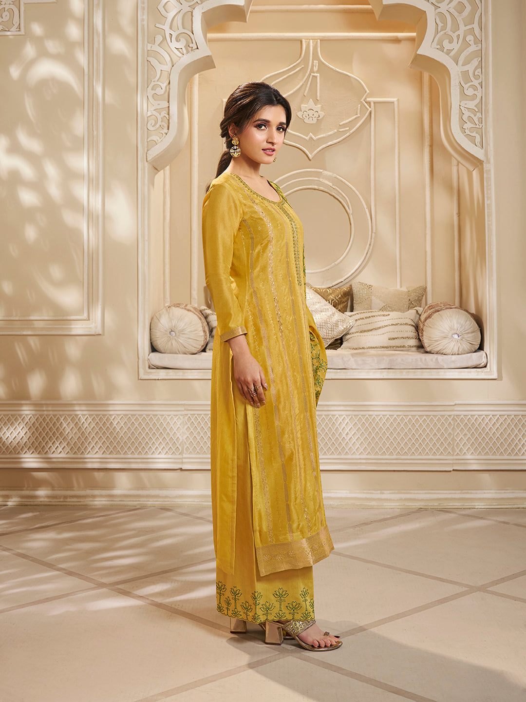 Yellow Dola Silk Palazzo Suit Set with Zari and Self Weave Jacquard Top Product vendor