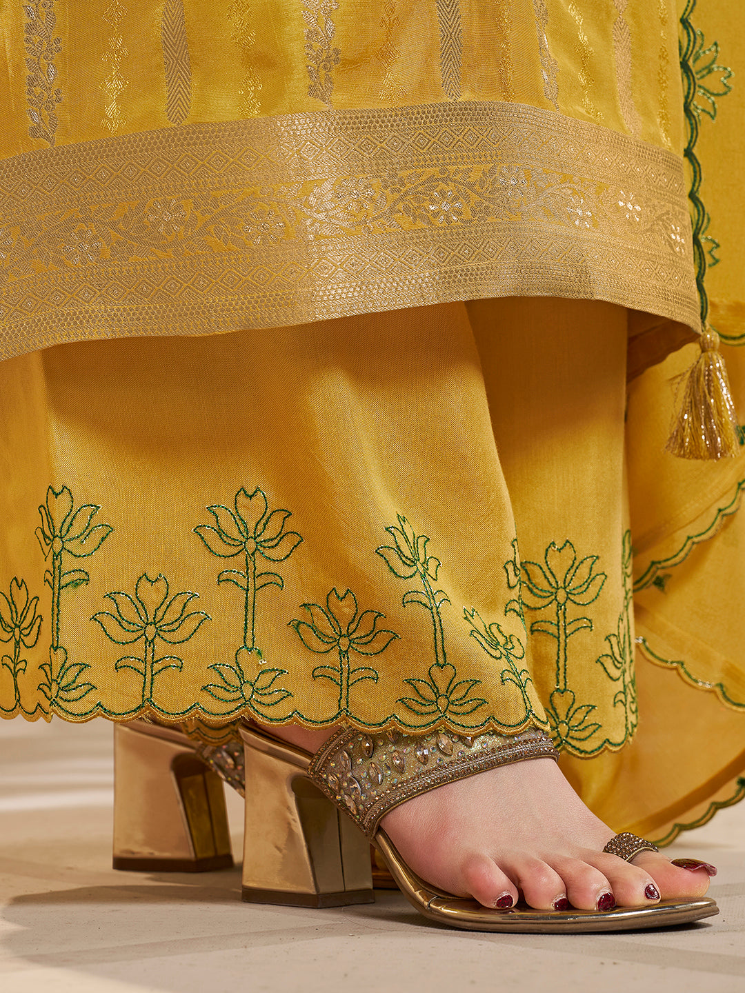 Yellow Dola Silk Palazzo Suit Set with Zari and Self Weave Jacquard Top Product vendor