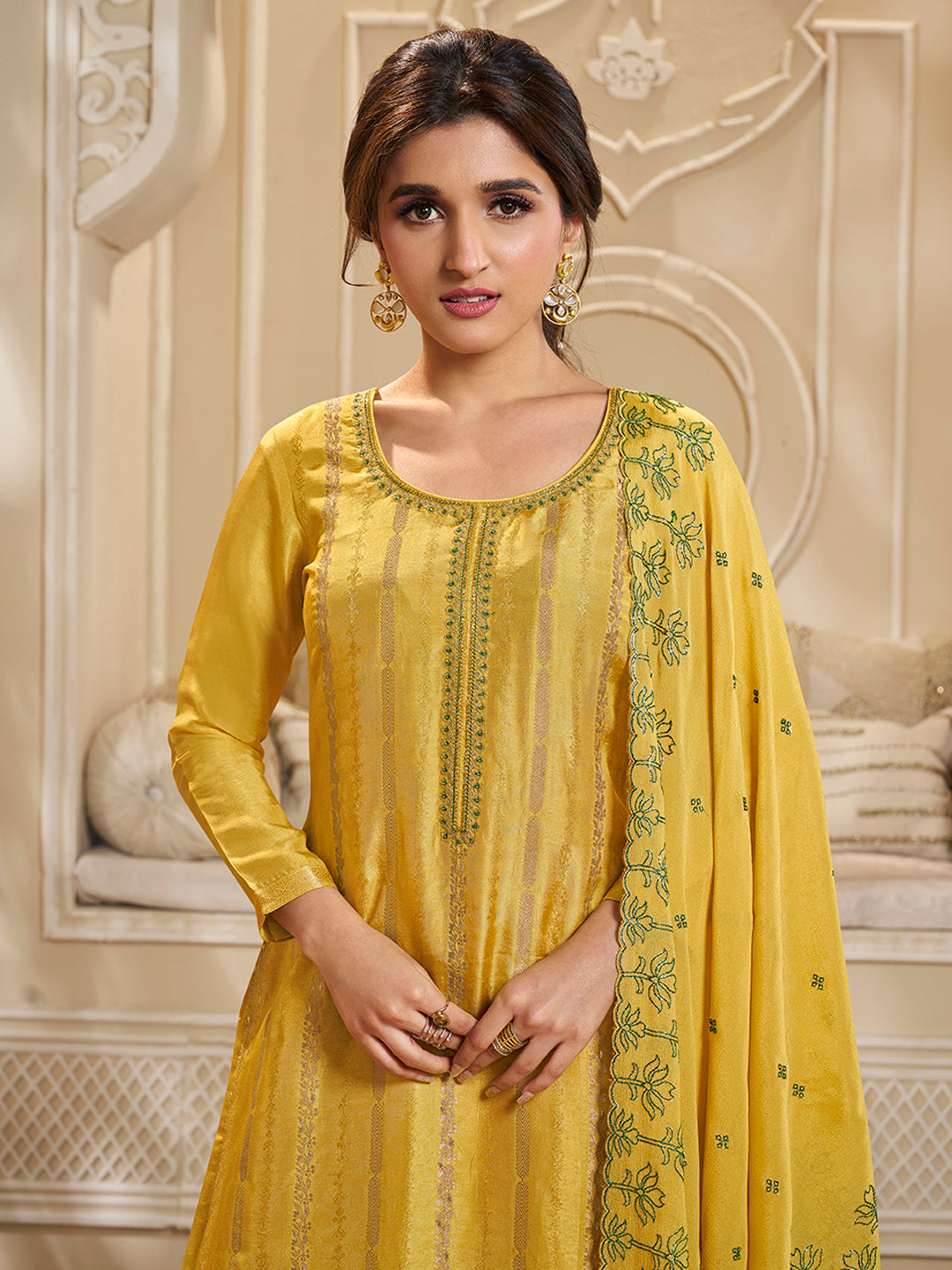 Yellow Dola Silk Palazzo Suit Set with Zari and Self Weave Jacquard Top Product vendor