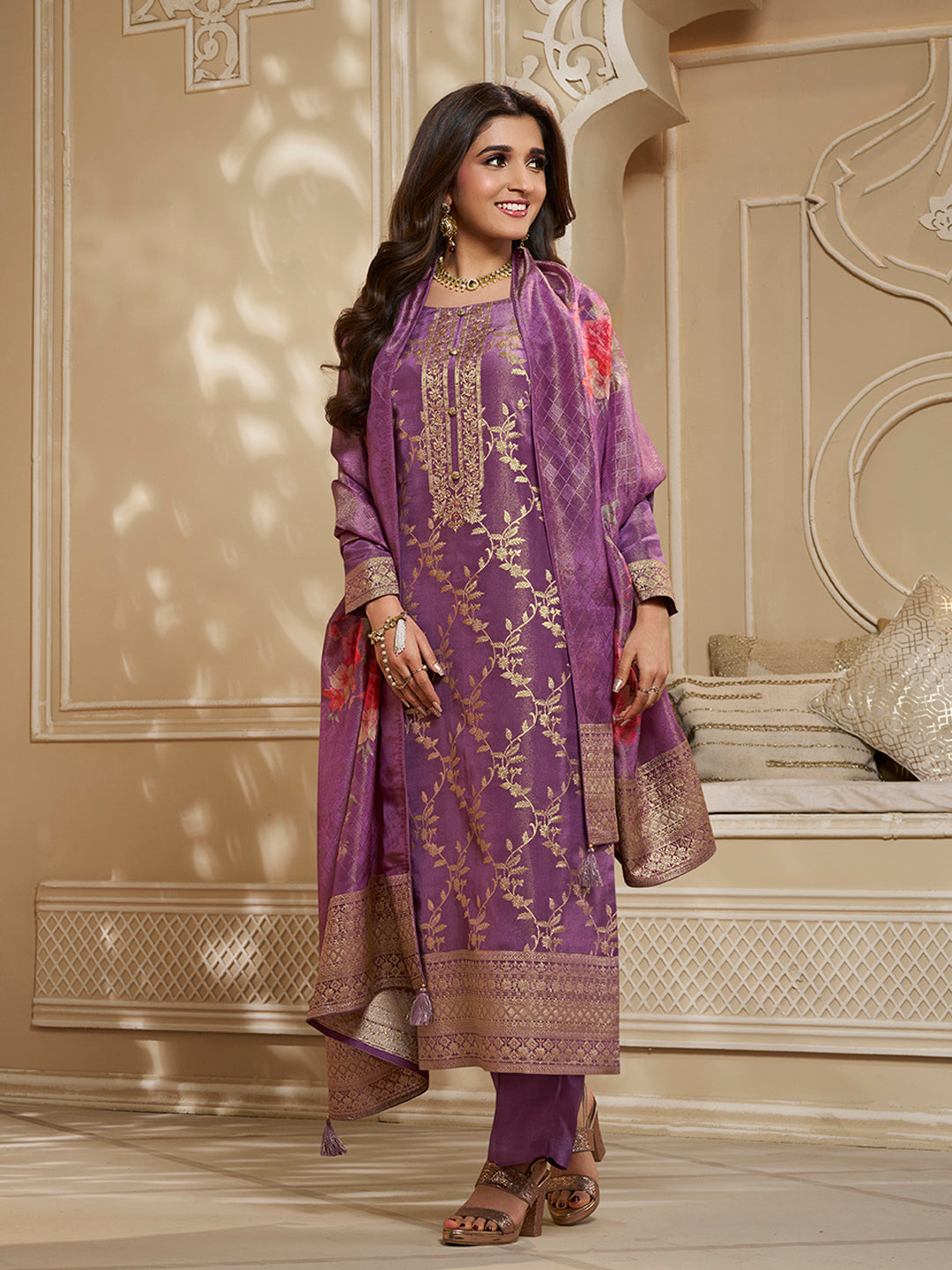 Purple Tissue Jacquard Kurta Suit Set with Jaal Pattern & Hand made Buttons Product vendor