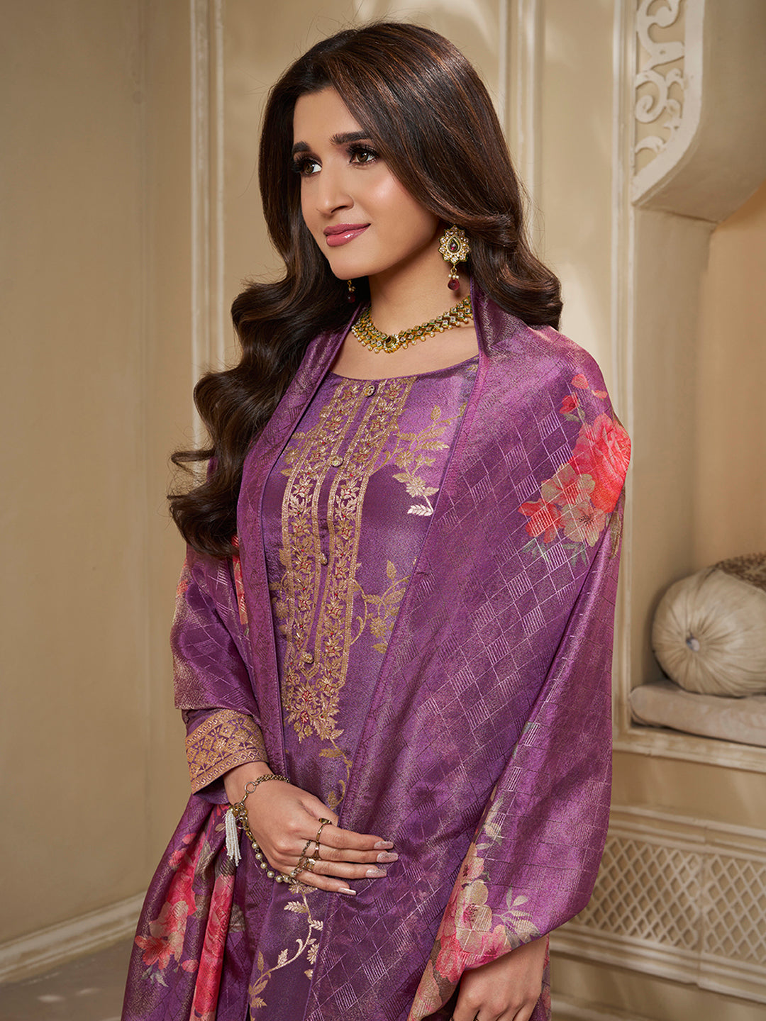 Purple Tissue Jacquard Kurta Suit Set with Jaal Pattern & Hand made Buttons Product vendor