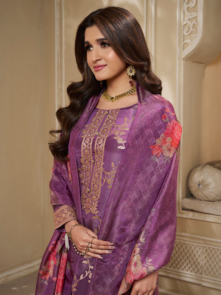 Purple Tissue Jacquard Kurta Suit Set with Jaal Pattern & Hand made Buttons Product vendor