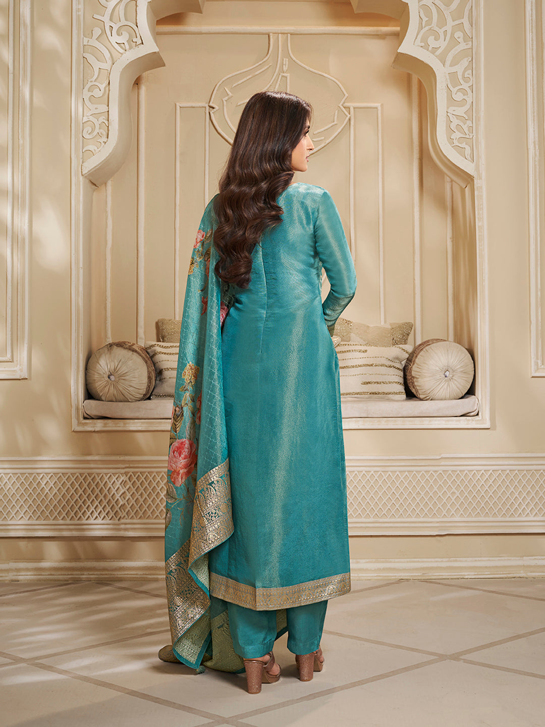 Turquoise Tissue Jacquard Kurta Suit Set with Jaal Pattern & Hand made Buttons Product vendor